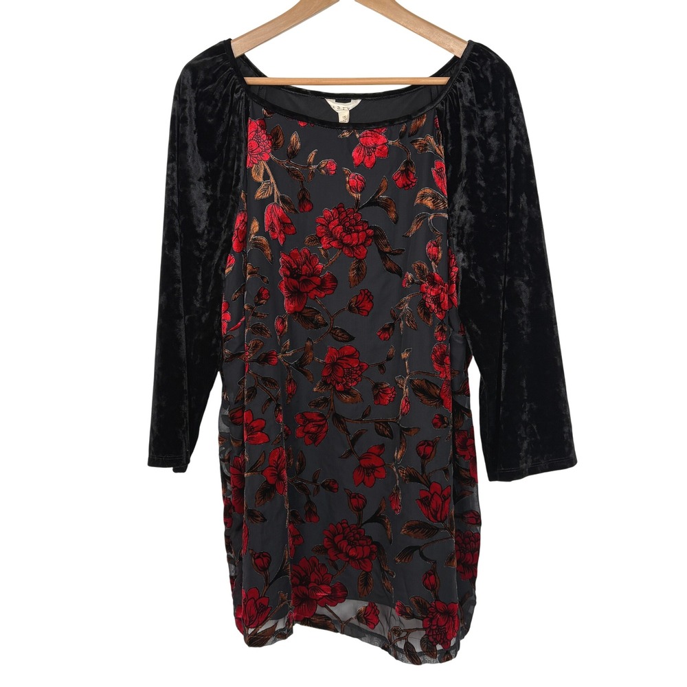 Adiva Women Velvet Burnout Top Sz 1X Black Floral 3/4 Raglan Sleeve Fairy Grunge